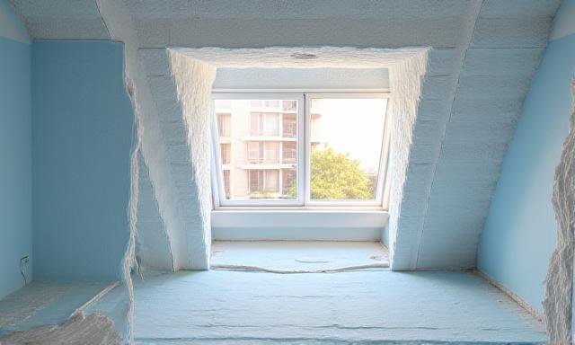 Trabajador instalando aislamiento térmico en vivienda