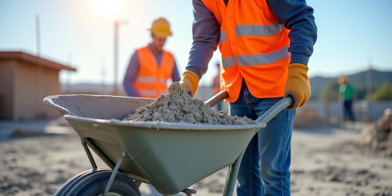 Obrero profesional preparando mezcla de cemento en una obra de construcción