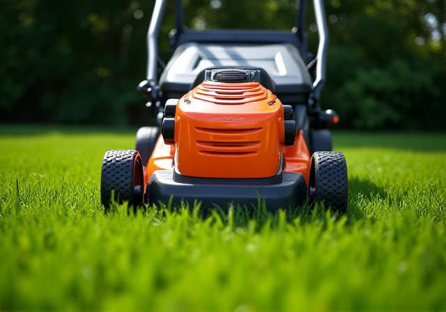 Cortacésped moderno sobre césped verde brillante