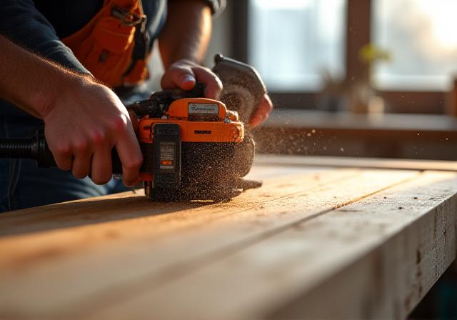 Persona trabajando en un proyecto de carpintería con herramientas profesionales